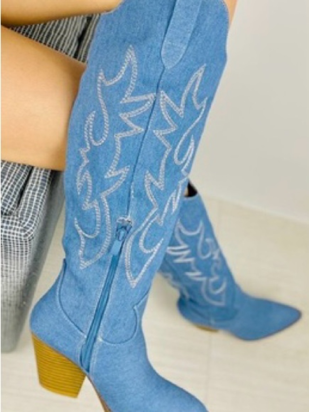 Denim Blue Embroidered Knee-High Western Boots